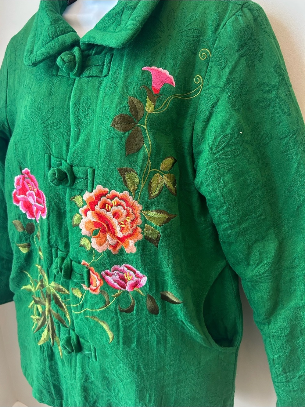 Emerald Green Frog Closure Embroidered Quilted Jacket Cottagecore Boho Artwear